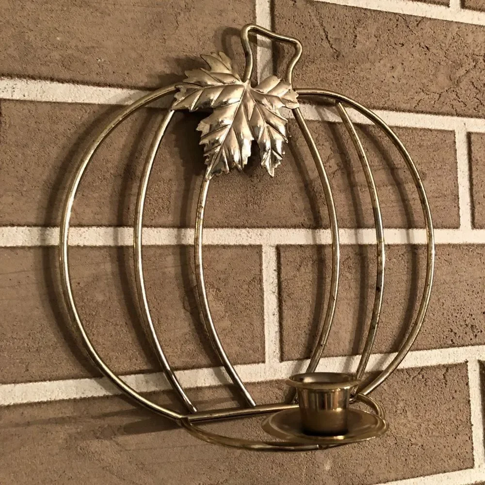 Vintage Pumpkin Wall Hanging Candlestick Holders in Gold Lot of 2